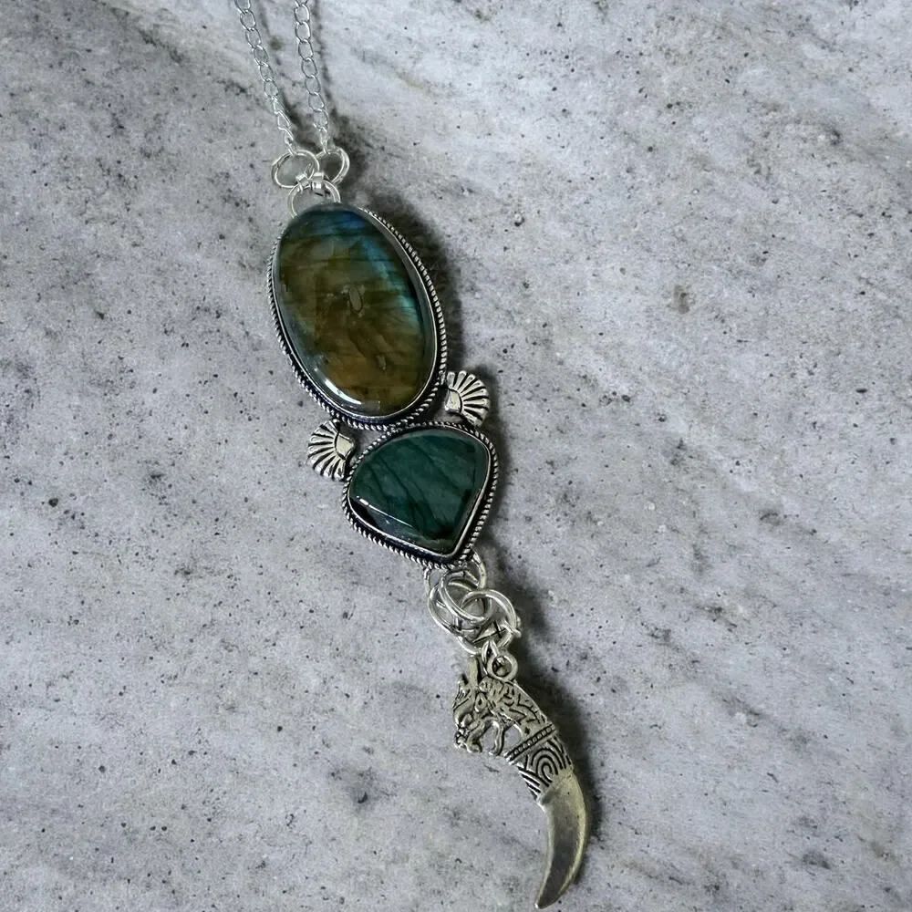 Large Flashy Labradorite Statement Necklace Sterling Silver Overlay